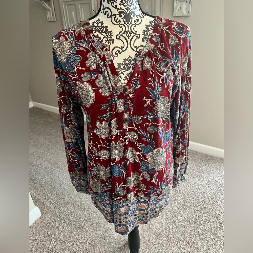Lucky Brand Burgundy and Blue Floral Blouse
